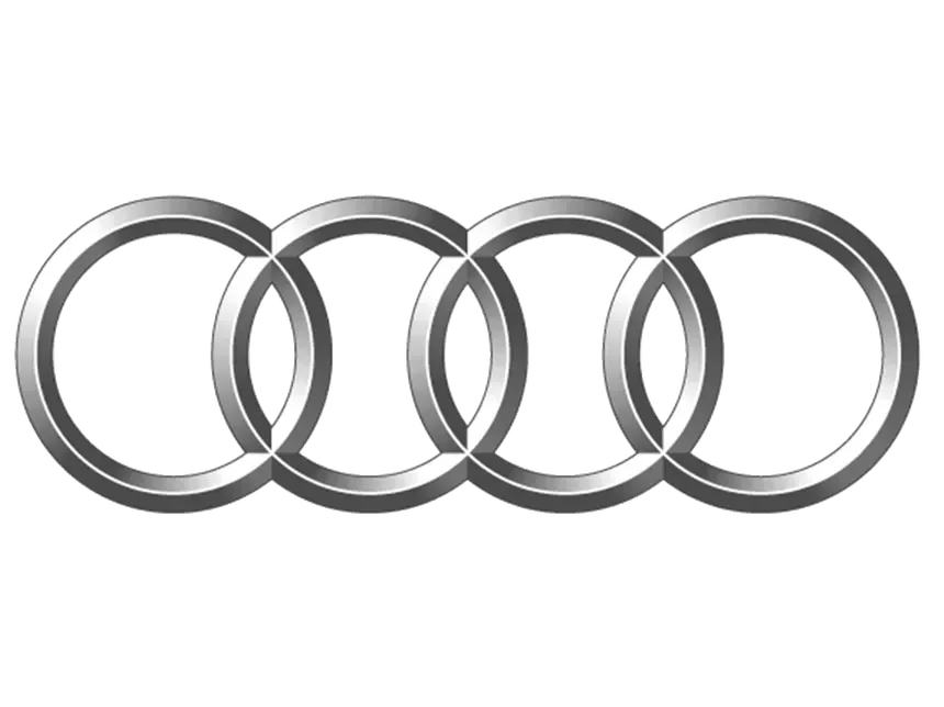 Silver interlocking four rings emblem on a white background.