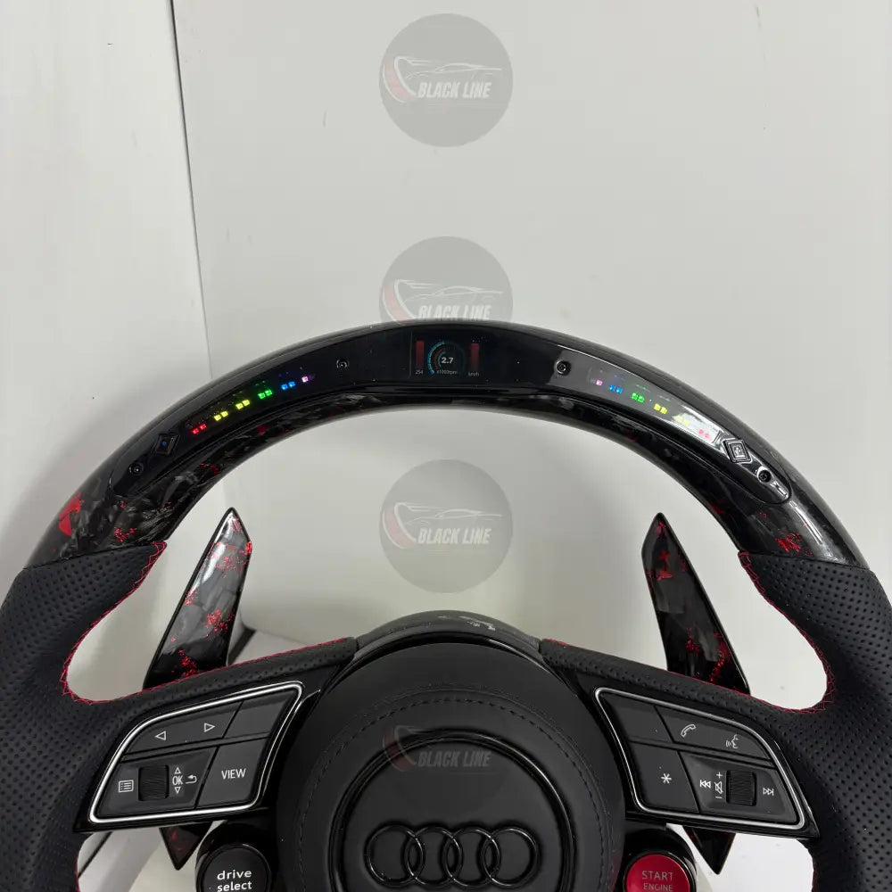 Volante Audi RS Personalizado en Carbono Forjado Rojo Cuero Perforado y Pantalla LED con Airbag Incluido