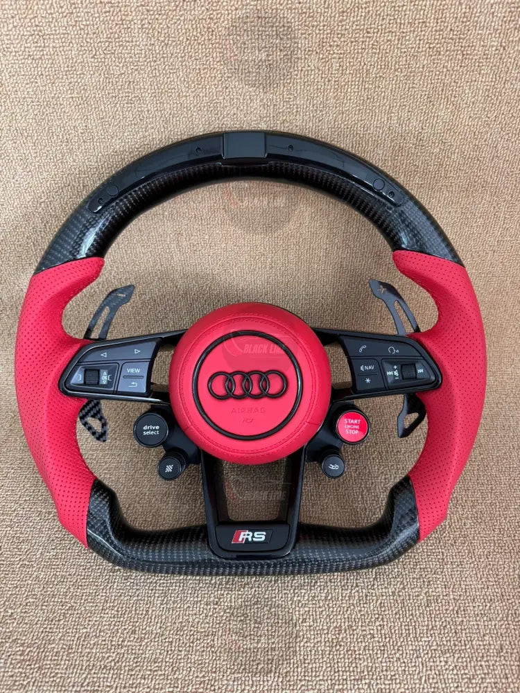 Volante Audi RS Deportivo en Carbono y Piel Roja | Pantalla LED Levas de Carbono Drive Select Botón Start Fondo Plano y