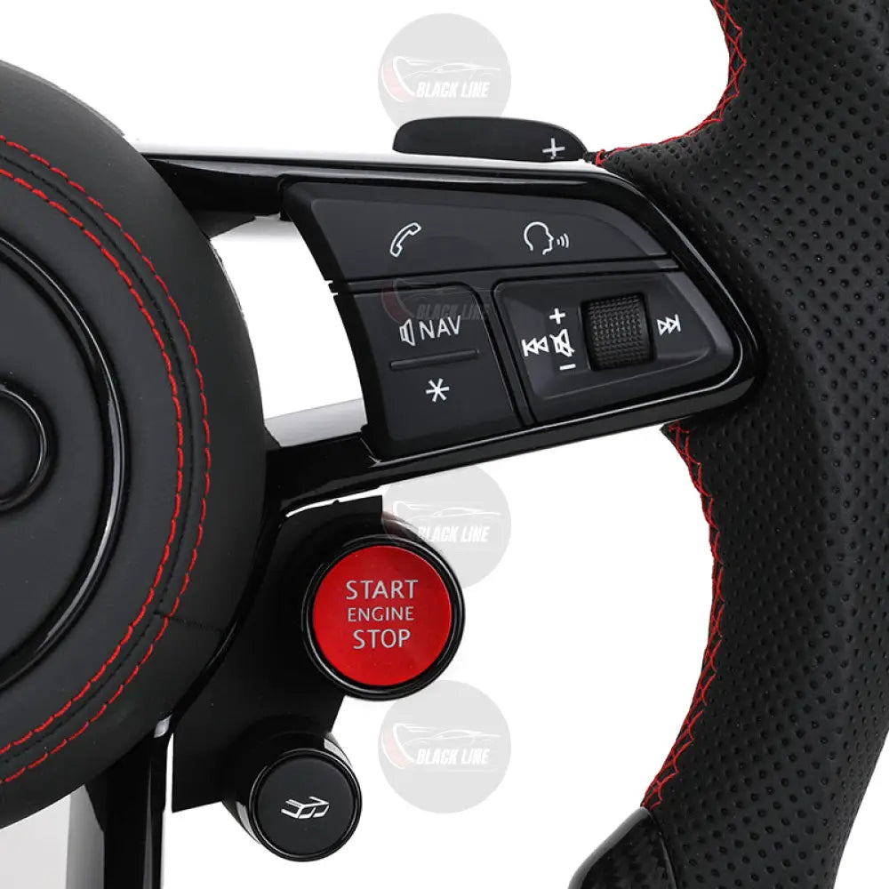 Volante Audi S deportivo en fibra de carbono cuero perforado y costuras rojas con airbag incluido