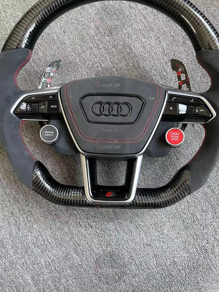 Volante Audi S Deportivo en Fibra de Carbono y Alcántara Negro | Costuras Rojas Levas Drive Select Start/Stop y Airbag