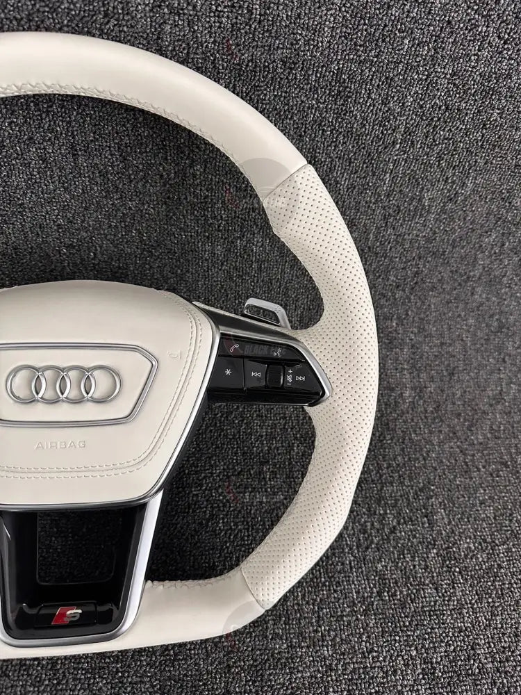 Volante Audi S Deportivo en Piel Color Marfil | Mandos Multifunción Levas de Cambio Fondo Plano y Airbag
