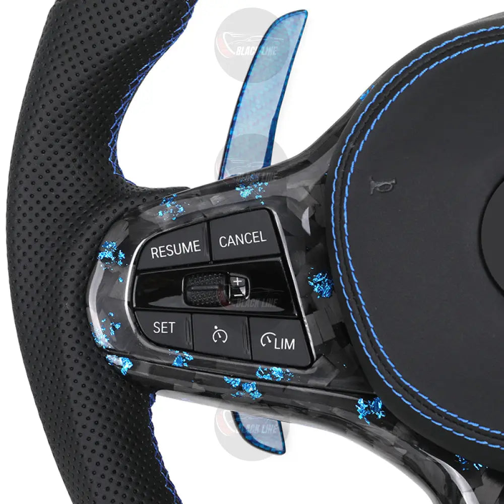 Volante BMW Deportivo en Carbono Forjado con Detalles Azules | Pantalla LED Levas de Carbono Azul Fondo Plano y Airbag