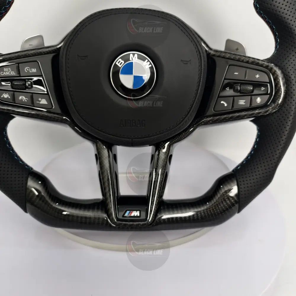 Volante BMW M de Carbono y Cuero Perforado | Base Plana Levas de Cambio Mandos Multifunción y Airbag