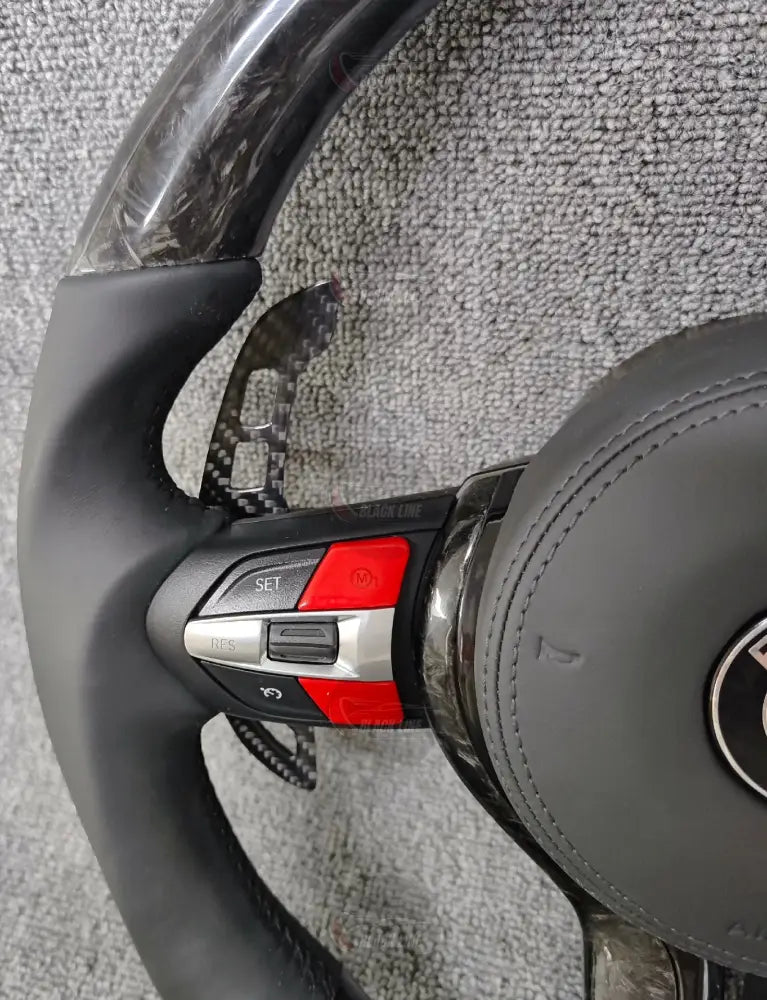 Volante BMW M Deportivo en Carbono Forjado y Piel Negra | Botones M1/M2 Levas de Carbono Fondo Plano y Airbag