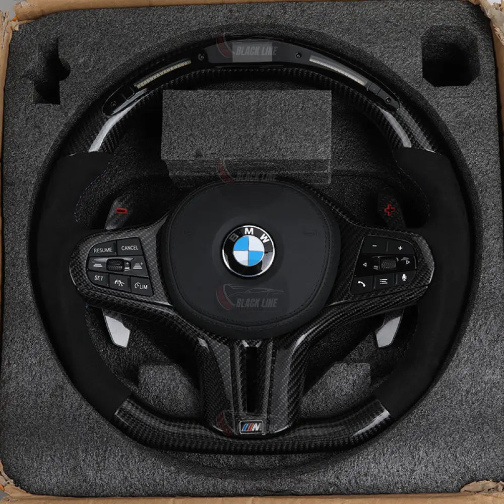 Volante BMW M Deportivo en Fibra de Carbono y Alcántara | Pantalla LED Levas de Carbono Fondo Plano y Airbag