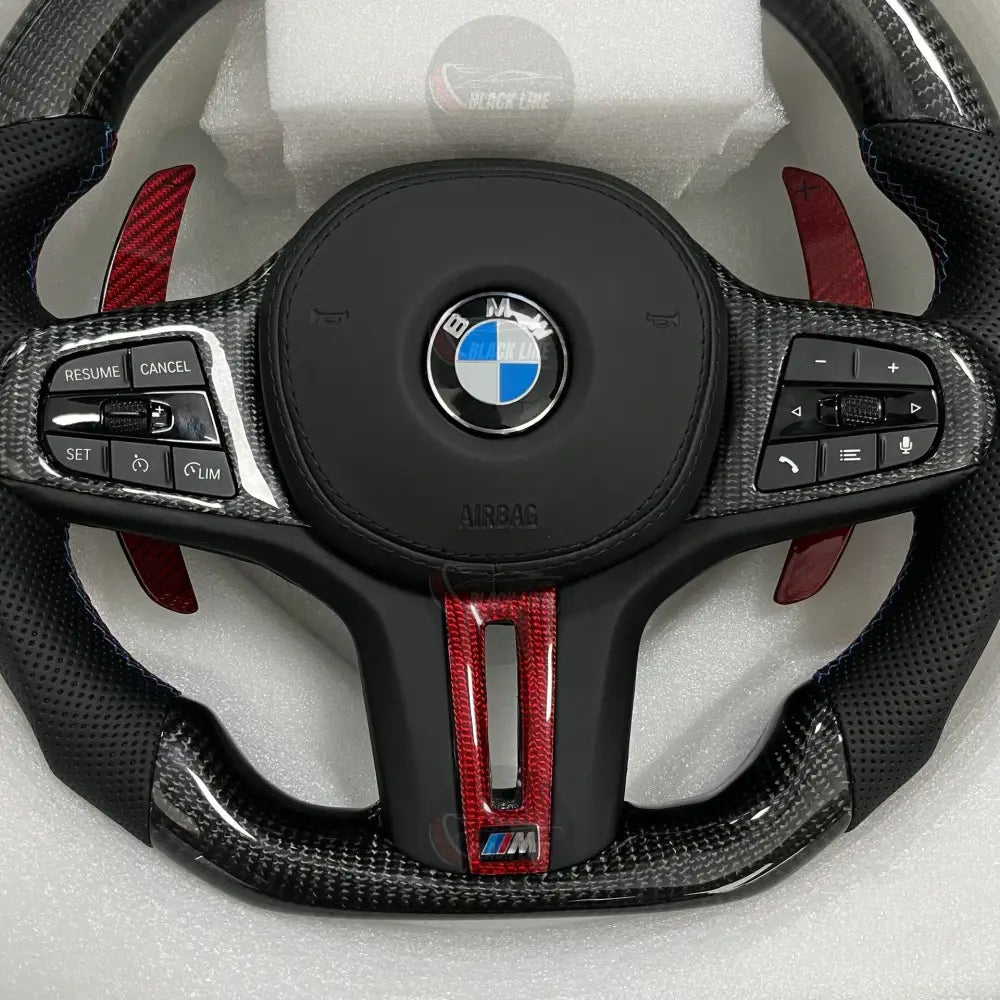 Volante BMW M Deportivo en Fibra de Carbono y Cuero Perforado | Levas de Carbono Rojo Multifunción Airbag y Detalles M