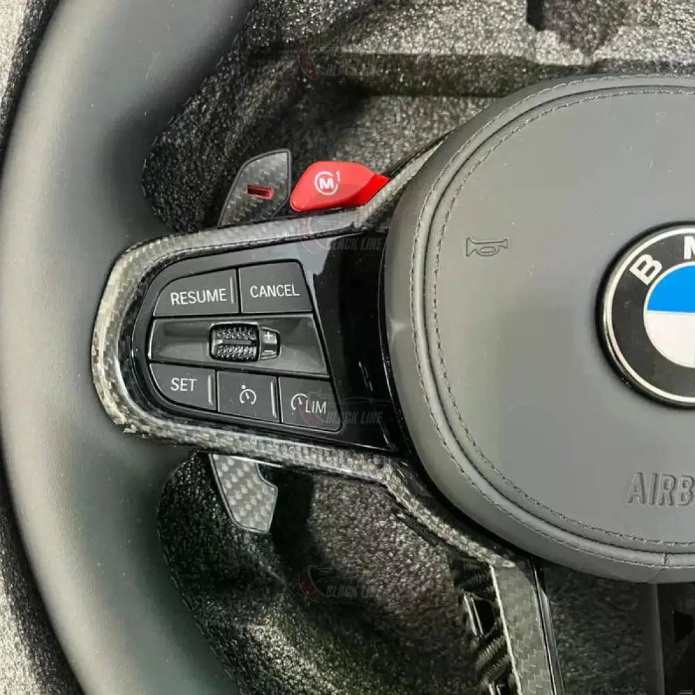 Volante BMW M Performance en Cuero Negro y Fibra de Carbono con M1/M2 Levas y Marcador Rojo