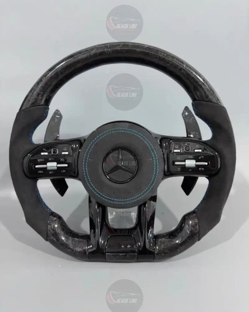 Volante Deportivo Mercedes-AMG de Carbono Forjado y Alcántara con Costura Azul Levas y Airbag Incluido