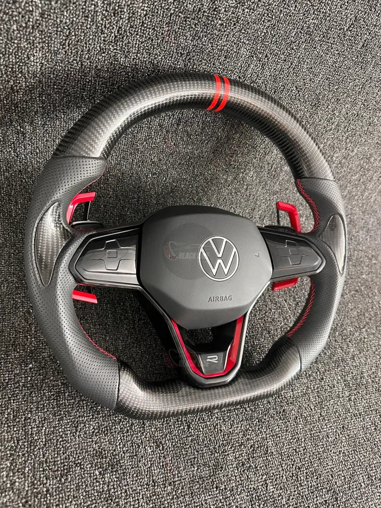 Volante Deportivo Volkswagen R de Carbono y Cuero Perforado con Costura Roja Levas Ampliadas y Airbag Incluido