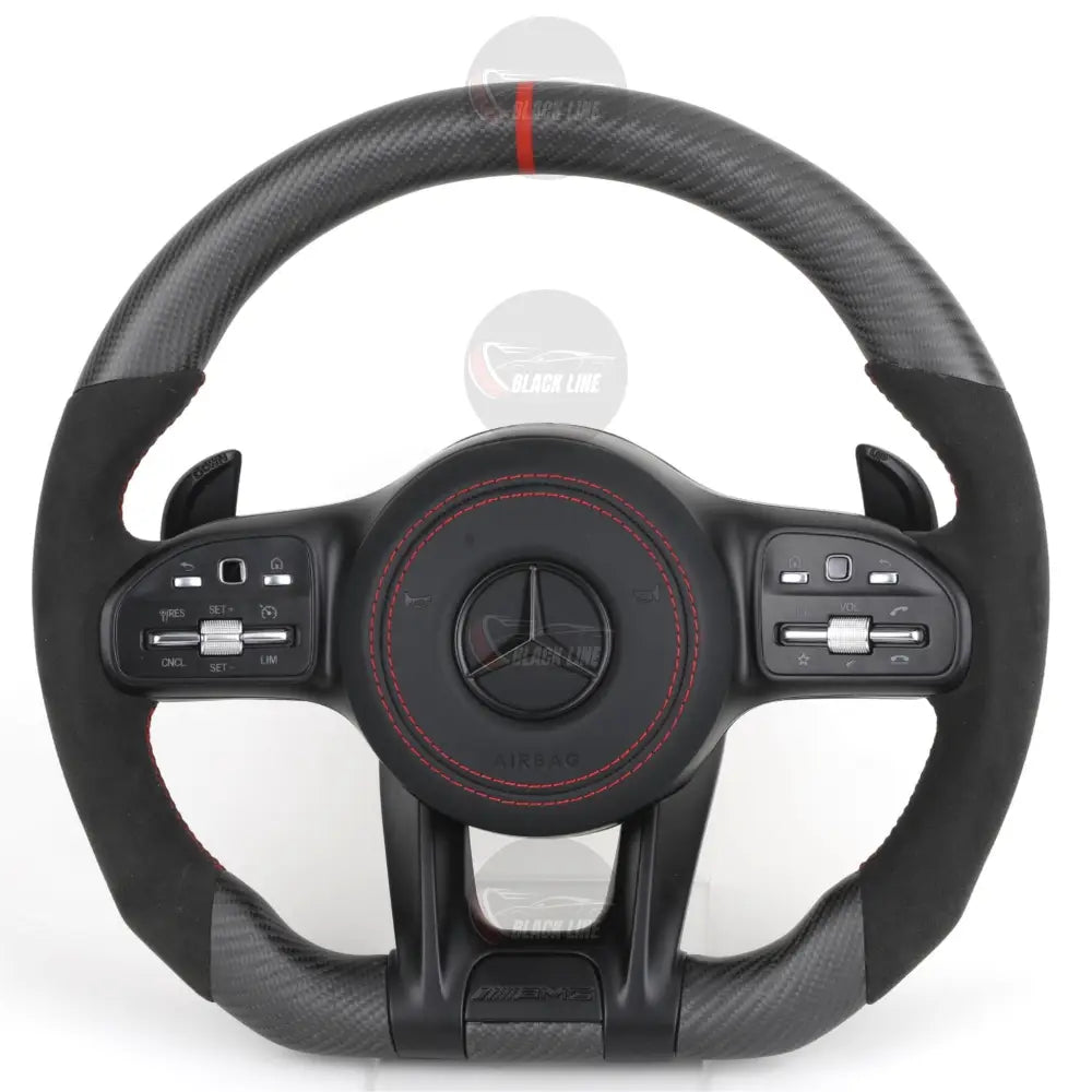 Volante Mercedes-AMG Performance en Fibra de Carbono y Microfibra con Levas Multifunción y Costuras Rojas