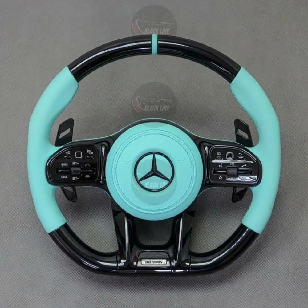 Volante Mercedes-Benz BRABUS Personalizado en Cuero Turquesa y Negro Brillante con Airbag Incluido
