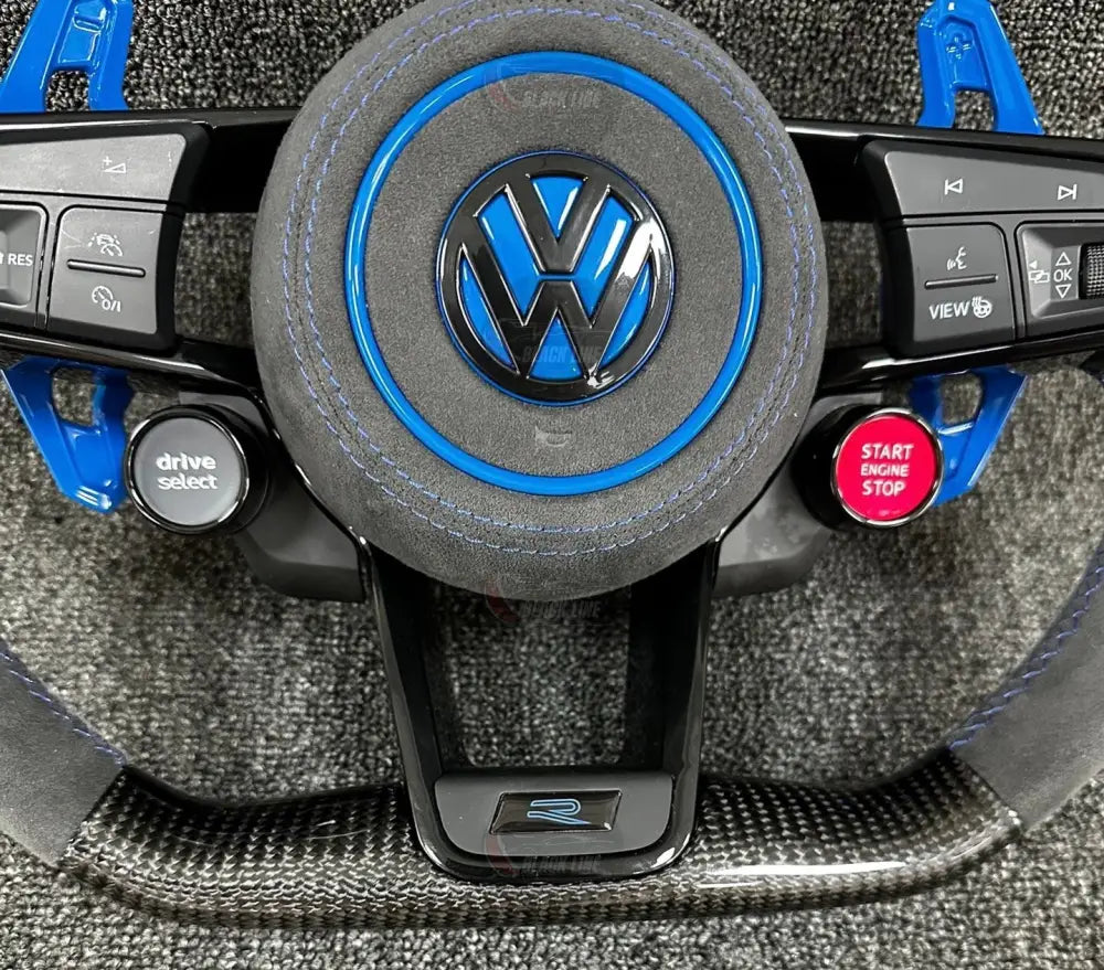 Volante Volkswagen R Deportivo en Fibra de Carbono y Alcántara Gris | Levas Azules Drive Select Start Engine Stop