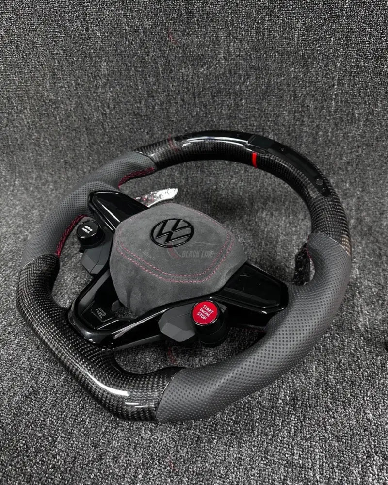 Volante Volkswagen R Deportivo en Fibra de Carbono y Cuero Gris Perforado | Display LED Levas de Carbono Drive Select