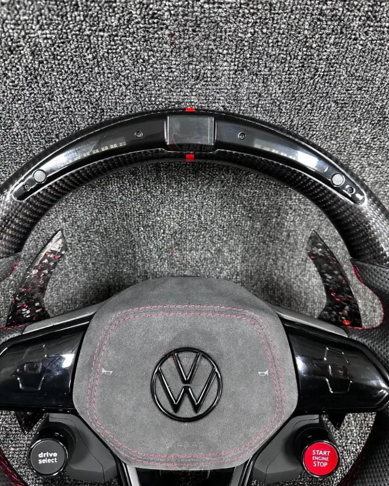 Volante Volkswagen R Deportivo en Fibra de Carbono y Cuero Gris Perforado | Display LED Levas de Carbono Drive Select